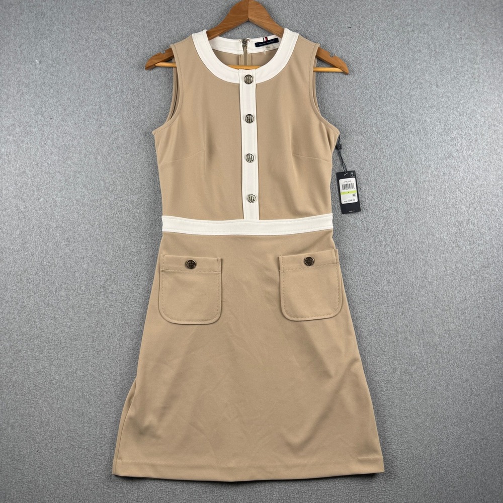Tommy Hilfiger Dress Womens 4 A1BC18UP Tan White Sleeveless Logo Button NEW